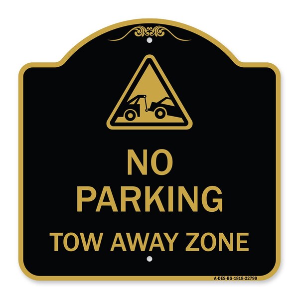 Designer Series Tow Away Zone W/ Graphic, Black & Gold Aluminum Sign, 18" x 18", BG-1818-22799